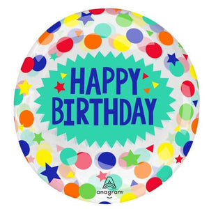 Balloon - Foil Happy Birthday Dots & Stars Printed Clearz Stretchy Balloon 45cm Each