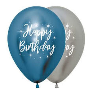 Balloon - Printed Latex Happy Birthday Metallic Reflex Blue & Silver Latex Balloons 30cm 12pk