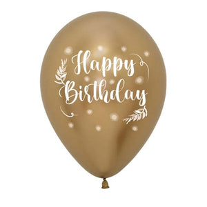 Balloon - Printed Latex Happy Birthday Romantic Leaves Metallic Reflex Gold Latex Balloons 30cm 12pk