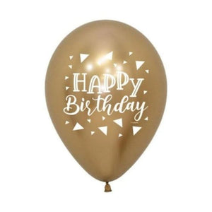 Balloon - Printed Latex Happy Birthday Triangles Metallic Reflex Gold Latex Balloons 30cm 12pk