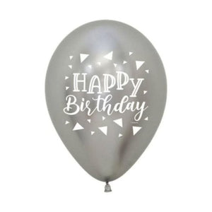 Balloon - Printed Latex Happy Birthday Triangles Metallic Reflex Silver Latex Balloons 30cm 12pk