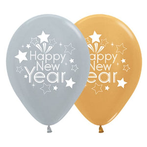 Balloon - Printed Latex Happy New Year Metallic Silver & Gold Latex Balloons 30cm 25pk