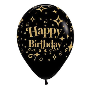 Balloon - Printed Latex HBD Glitter Gold Fashion Black Latex Balloons 30cm 25pk