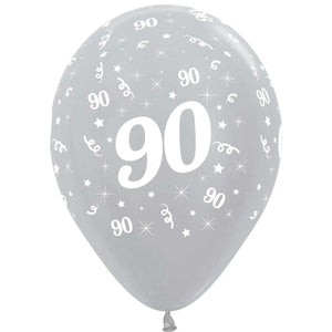 Balloon - Printed Latex Satin Pearl Silver Age 90 Latex Balloons 30cm 25pk