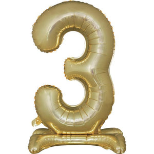 Balloon - Supershapes, Numbers & Letters White Gold Large Number 3 Air Filled Standing Foil Balloon 76cm Each