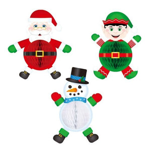 Decorations - Decorative Fans, Pom Poms & Lanterns Hanging Tissue Elf, Santa & Snowman 3pk