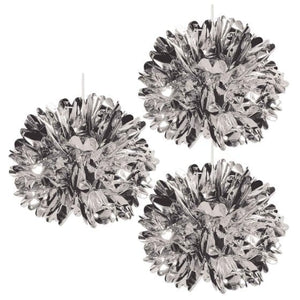 Decorations - Decorative Fans, Pom Poms & Lanterns Silver Metallic Fluff Balls 41cm 3pk