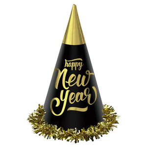 Hats & Headwear - Hats & Helmets Happy New Year Black & Gold Foil Cone Hats 23cm 24pk