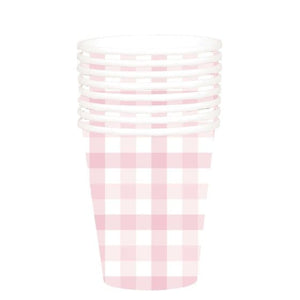 Tableware - Cups Pastel Pink Gingham HC Paper Cup FSC 266ml 8pk