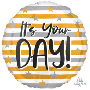 Amscan_OO Balloon - Foil It's Your Day Gold & Silver Stripes Foil Balloon 45cm Each