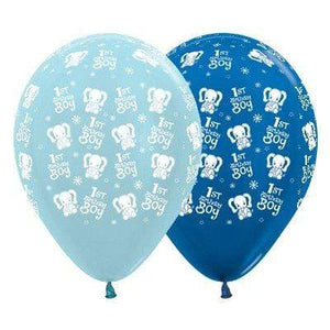 Amscan_OO Balloon - Printed Latex 1st Birthday Boy Elephants Satin Pearl Blue & Metallic Blue Latex Balloon 30cm 25pk