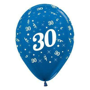 Amscan_OO Balloon - Printed Latex Age 30 Metallic Blue Latex Balloon 30cm 25pk