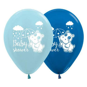 Amscan_OO Balloon - Printed Latex Baby Shower Hippo Satin Pearl Blue & Metallic Blue Latex Balloons 30cm 25pk