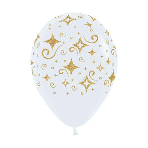 Amscan_OO Balloon - Printed Latex Golden Glitter Printed White Latex Balloons 30cm 12Pk