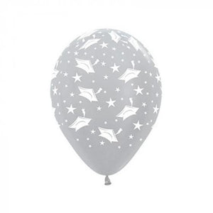 Amscan_OO Balloon - Printed Latex Graduation Hats & Stars Satin Pearl Silver Latex Balloons 30cm 12pk