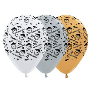 Amscan_OO Balloon - Printed Latex Graduation Smiley Faces Satin White, Silver & Metallic Gold Latex Balloons 30cm 25pk