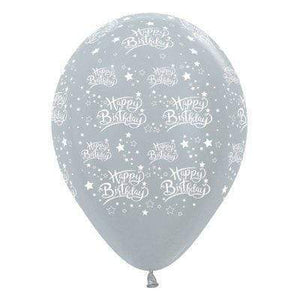 Amscan_OO Balloon - Printed Latex Happy Birthday Stars Satin Pearl Silver Latex Balloon 30cm 25pk