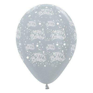 Amscan_OO Balloon - Printed Latex Happy Birthday Stars Satin Pearl Silver Latex Balloon 30cm 6pk