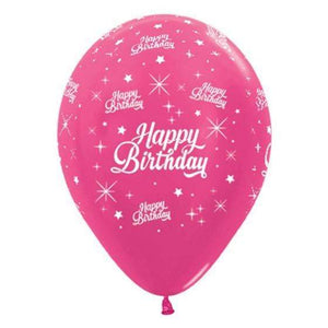 Amscan_OO Balloon - Printed Latex Happy Birthday Twinkling Stars Metallic Fuchsia Latex Balloons 30cm 6pk