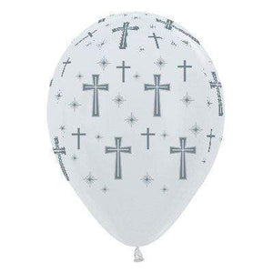 Amscan_OO Balloon - Printed Latex Holy Cross Satin Pearl White & Silver Ink Latex Balloons 30cm 25pk