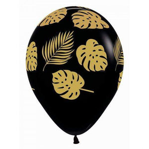 Amscan_OO Balloon - Printed Latex Leaves Gold on Fashion Black Latex Balloons 12pk