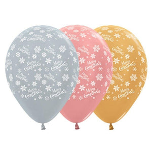 Amscan_OO Balloon - Printed Latex Merry Christmas Snowflakes Metallic Silver, Rose Gold And Gold 30cm Latex Balloons, 25PK