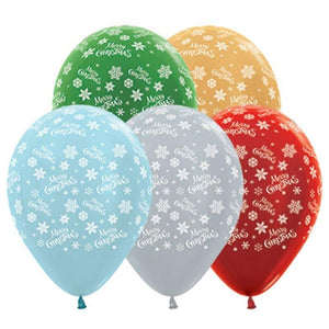 Amscan_OO Balloon - Printed Latex Merry Christmas Snowflakes Satin Pearl And Metallic Assorted 30cm Latex Balloons, 25PK