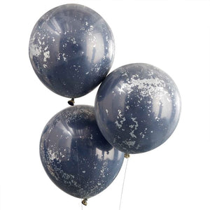 Balloon - Printed Latex Mix It Up Double Stuffed Navy with Silver Shred Balloon Bundle 45cm 3pk