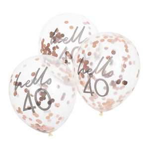 Balloon - Printed Latex Mix It Up Rose Gold Confetti Filled 'Hello 40' 30cm Balloons 5pk