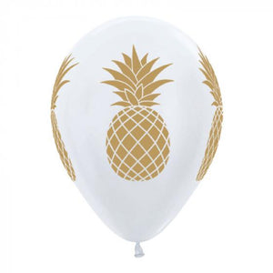 Amscan_OO Balloon - Printed Latex Tropical Pineapple Satin Pearl White & Gold Ink Latex Balloons 30cm 25pk