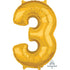 Gold Numeral 3 Mid-Size Shape Foil Balloon Balloon 66cm Each