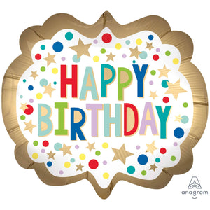 Amscan_OO Balloon - Supershapes, Numbers & Letters Gold Satin Marquee Dots Happy Birthday SuperShape Foil Balloon 63cm x 55cm Each