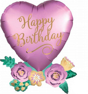 Amscan_OO Balloon - Supershapes, Numbers & Letters Happy Birthday Satin Heart with Flowers SuperShape Foil Balloon 58cm x 76cm Each