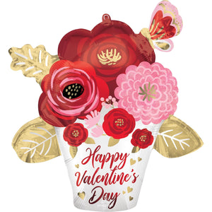 Balloon - Supershapes, Numbers & Letters Happy Valentine's Day Satin Painted Flowers Supershape Foil Balloon 66cm Each