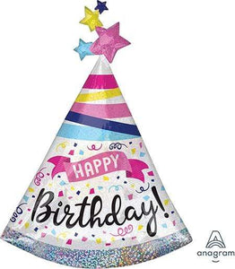 Amscan_OO Balloon - Supershapes, Numbers & Letters Holographic Happy Birthday Hat Sparkle Banner Supershape Foil Balloon