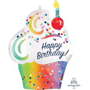 Amscan_OO Balloon - Supershapes, Numbers & Letters Rainbow Ombre Cupcake Happy Birthday SuperShape Foil Balloon 50cm x 68cm Each