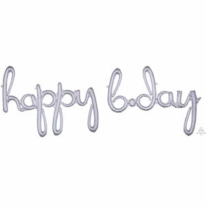 Amscan_OO Balloon - Supershapes, Numbers & Letters Script Phrase happy bday Silver Holographic Supershape Foil Balloon Each