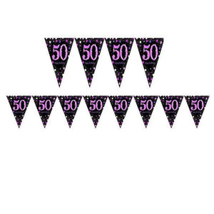 Amscan_OO Decorations - Banners, Flags & Streamers Pink Celebration 50th Prismatic Plastic Pennant Banner 4m x 20cm Each