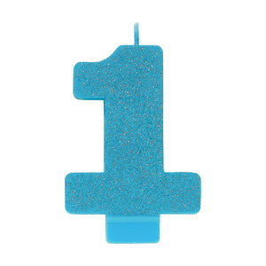 Amscan_OO Decorations - Cake Decorations - Candles #1 Blue Glitter Numeral Candle 8cm Each