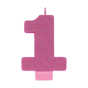 Amscan_OO Decorations - Cake Decorations - Candles #1 Pink Glitter Numeral Candle 8cm Each