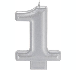 Amscan_OO Decorations - Cake Decorations - Candles #1 Silver Metallic Numeral Moulded Candle 8cm Each