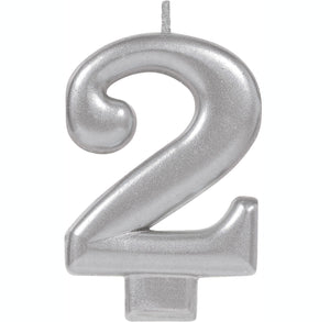 Amscan_OO Decorations - Cake Decorations - Candles #2 Silver Metallic Numeral Moulded Candle 8cm Each