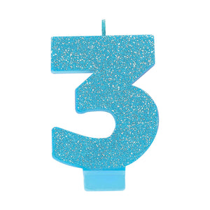 Amscan_OO Decorations - Cake Decorations - Candles #3 Blue Glitter Numeral Candle 8cm Each