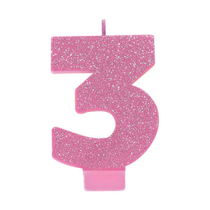 Amscan_OO Decorations - Cake Decorations - Candles #3 Pink Glitter Numeral Candle 8cm Each