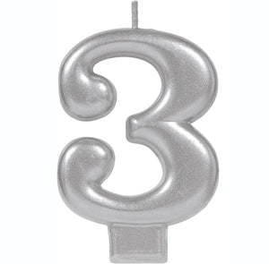Amscan_OO Decorations - Cake Decorations - Candles #3 Silver Metallic Numeral Moulded Candle 8cm Each