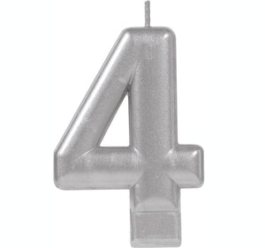 Amscan_OO Decorations - Cake Decorations - Candles #4 Silver Metallic Numeral Moulded Candle 8cm Each
