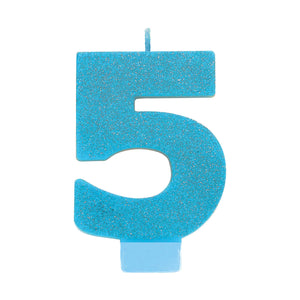 Amscan_OO Decorations - Cake Decorations - Candles #5 Blue Glitter Numeral Candle 8cm Each