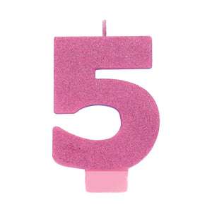 Amscan_OO Decorations - Cake Decorations - Candles #5 Pink Glitter Numeral Candle 8cm Each