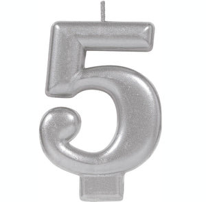 Amscan_OO Decorations - Cake Decorations - Candles #5 Silver Metallic Numeral Moulded Candle 8cm Each