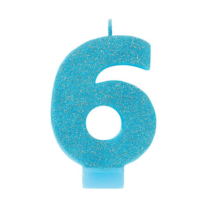 Amscan_OO Decorations - Cake Decorations - Candles #6 Blue Glitter Numeral Candle 8cm Each